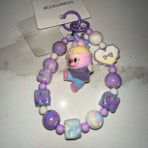 Purple Beaded Keychain or phone wristlet with Character Charm